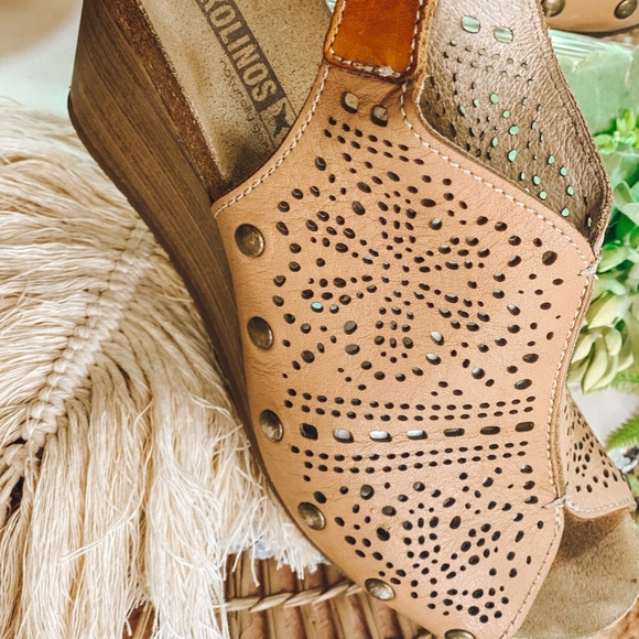 Pikolinos Benissa Tan Laser Cut Out Wedge Sandals - Picture 2 of 3